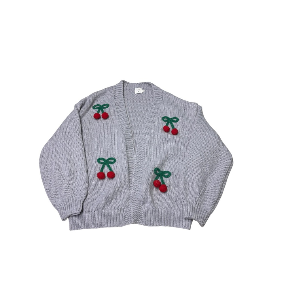 NWT Luna Ivy Cherry Pom-Pom Cardigan Sweater Lavender Gray Knit Womens Medium